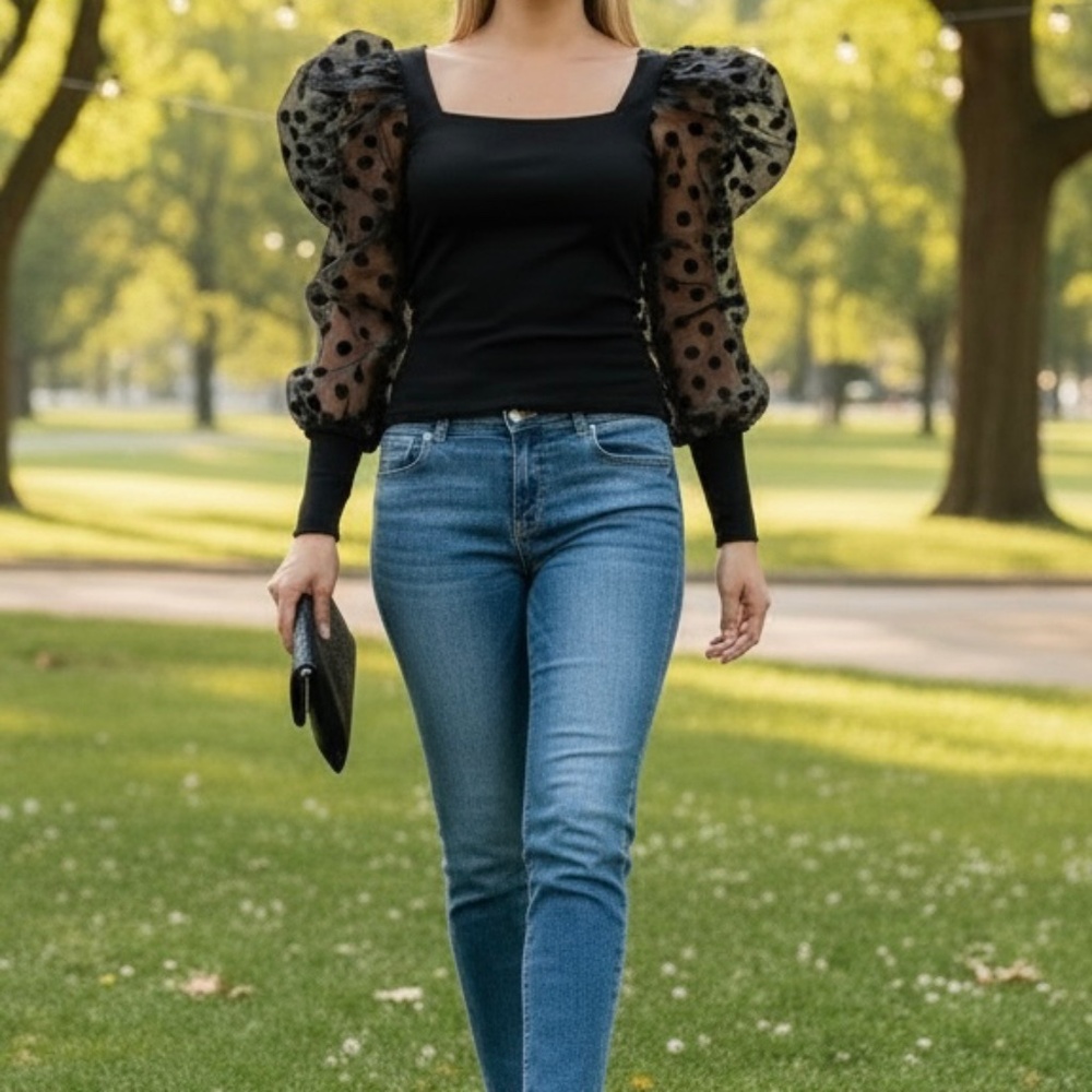 # A145 Why Dress Black Ribbed Top with Sheer Polka Dot Puff Sleeves NWT S - Picture 2 of 9